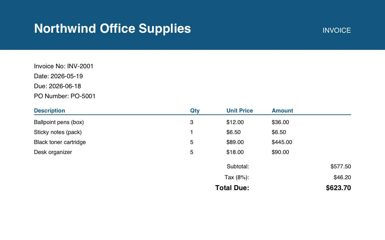 A sample vendor invoice: vendor name, invoice number, dates, line items, total due.