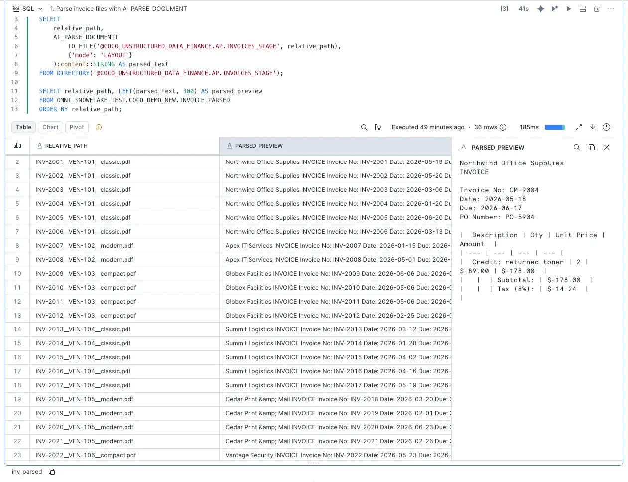 AI_PARSE_DOCUMENT running over a stage of invoice PDFs, with a preview of the parsed text on the right.